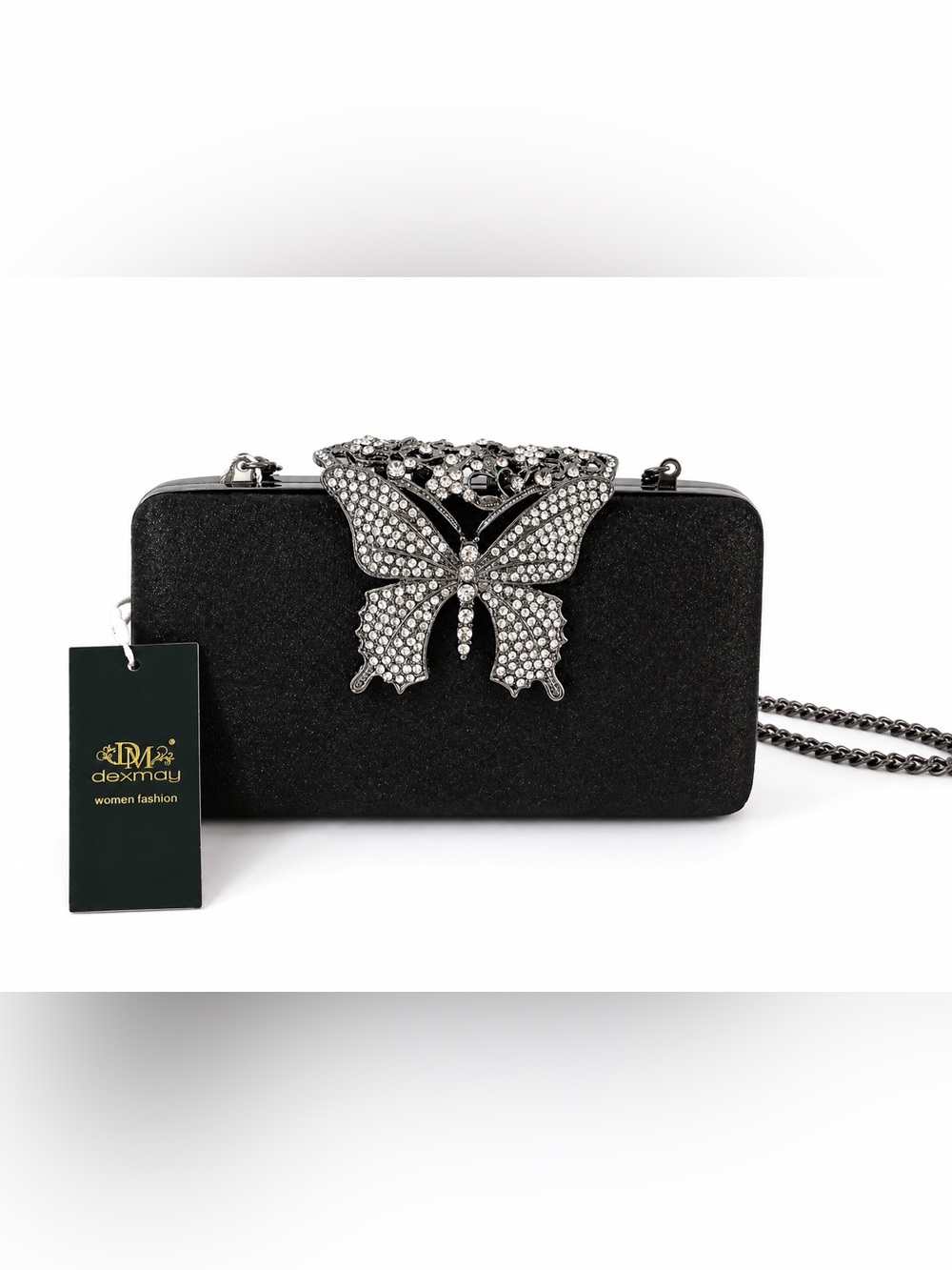 Dexmay Rhinestone Butterfly Clutch Bag Black